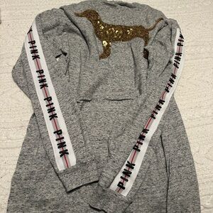 VS Pink Gray Longsleeve with Gold Sequin Dog and Pink Lettering